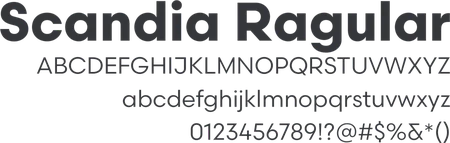 Scandia typeface specimen with uppercase and lowercase alphabets, numerals and symbols
