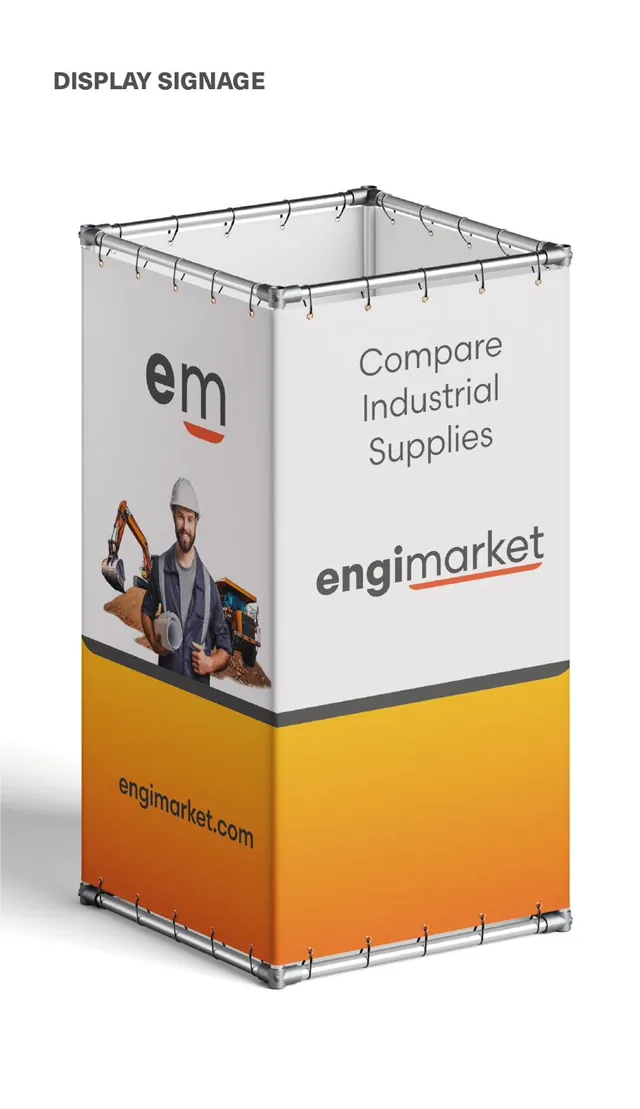 Display signage: printed fabric cube reading “Compare Industrial Supplies”