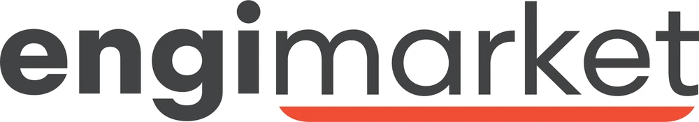 EngiMarket logo: dark gray wordmark with an orange underline