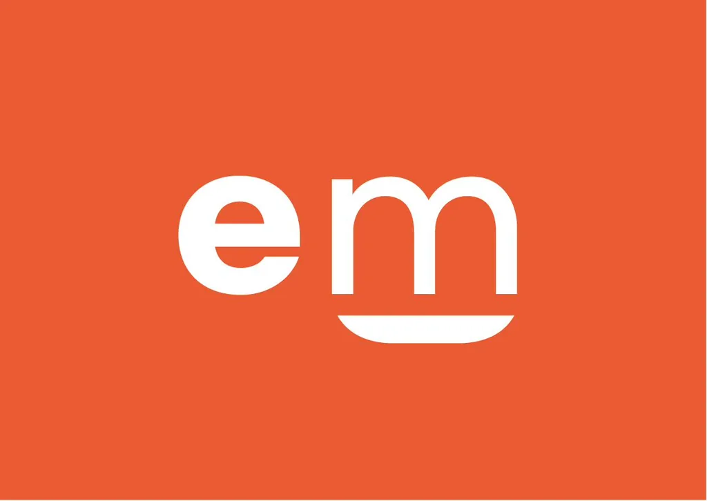 EngiMarket “em” monogram in white on orange