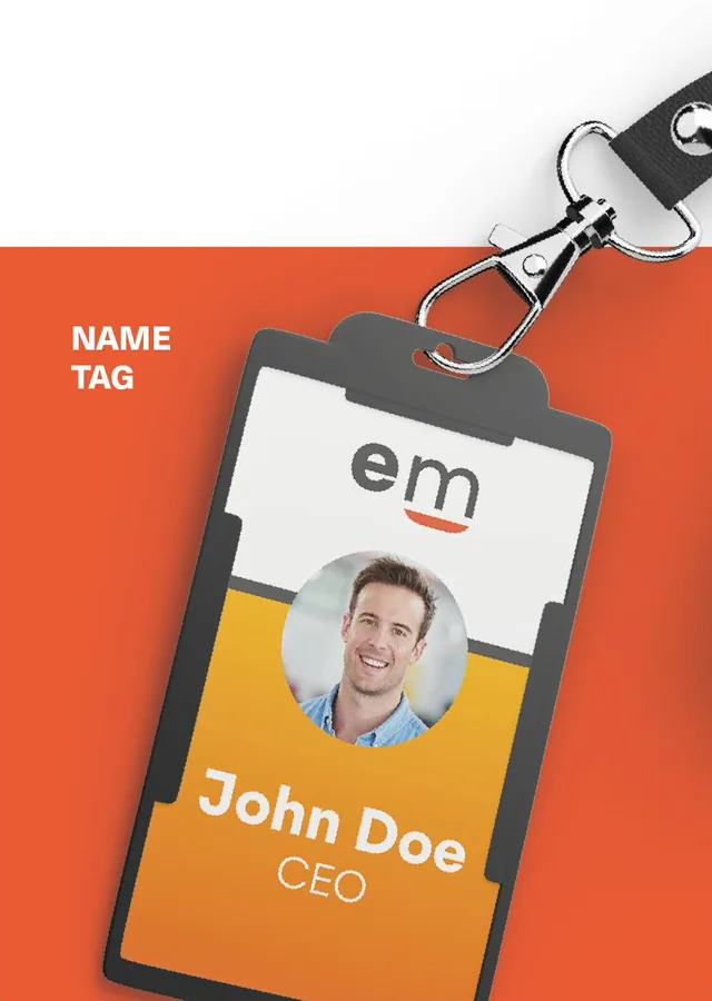 EngiMarket ID badge name tag on a lanyard