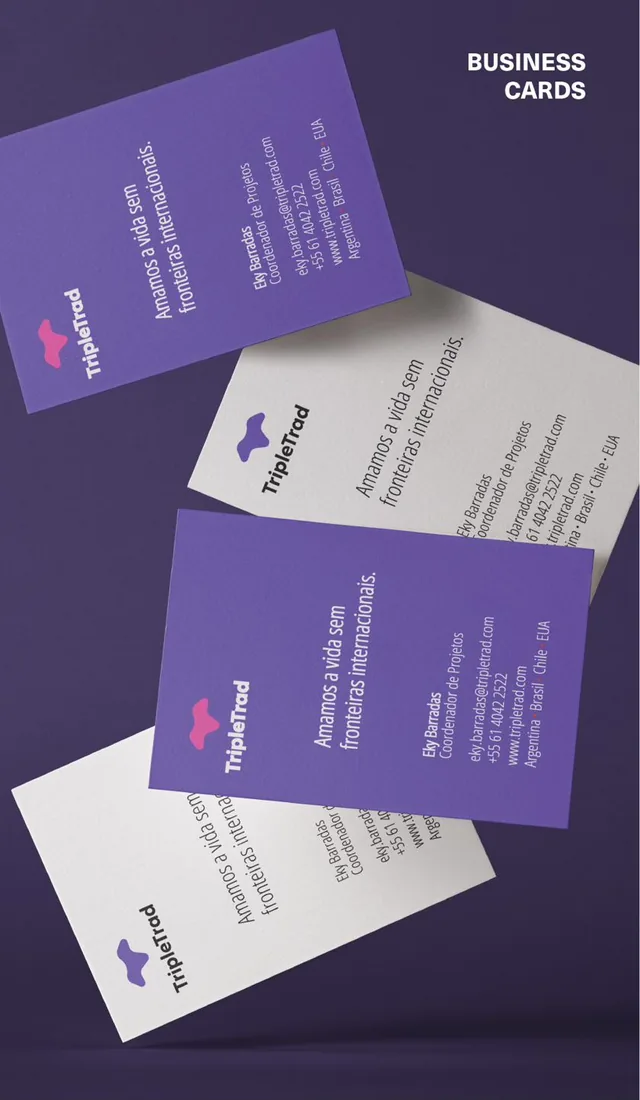 TripleTrad business cards in purple and white