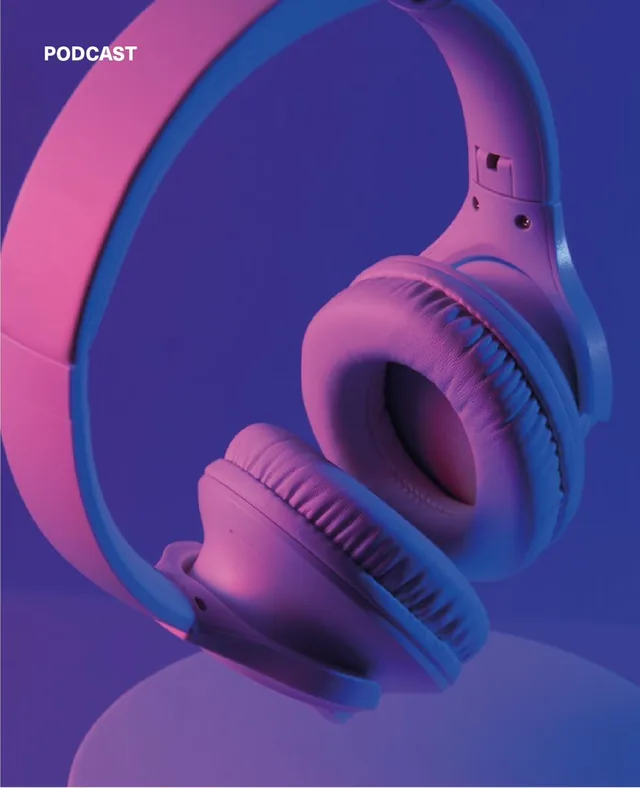 Podcast artwork: headphones lit in pink and purple